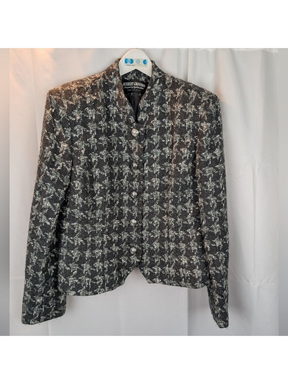 Herbert Grossman Chic Gray And Silver Houndstooth Blazer size 14 In EUC